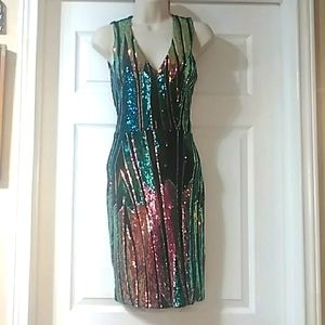 Blue S made in USA sequin mini dress black liner back zip.